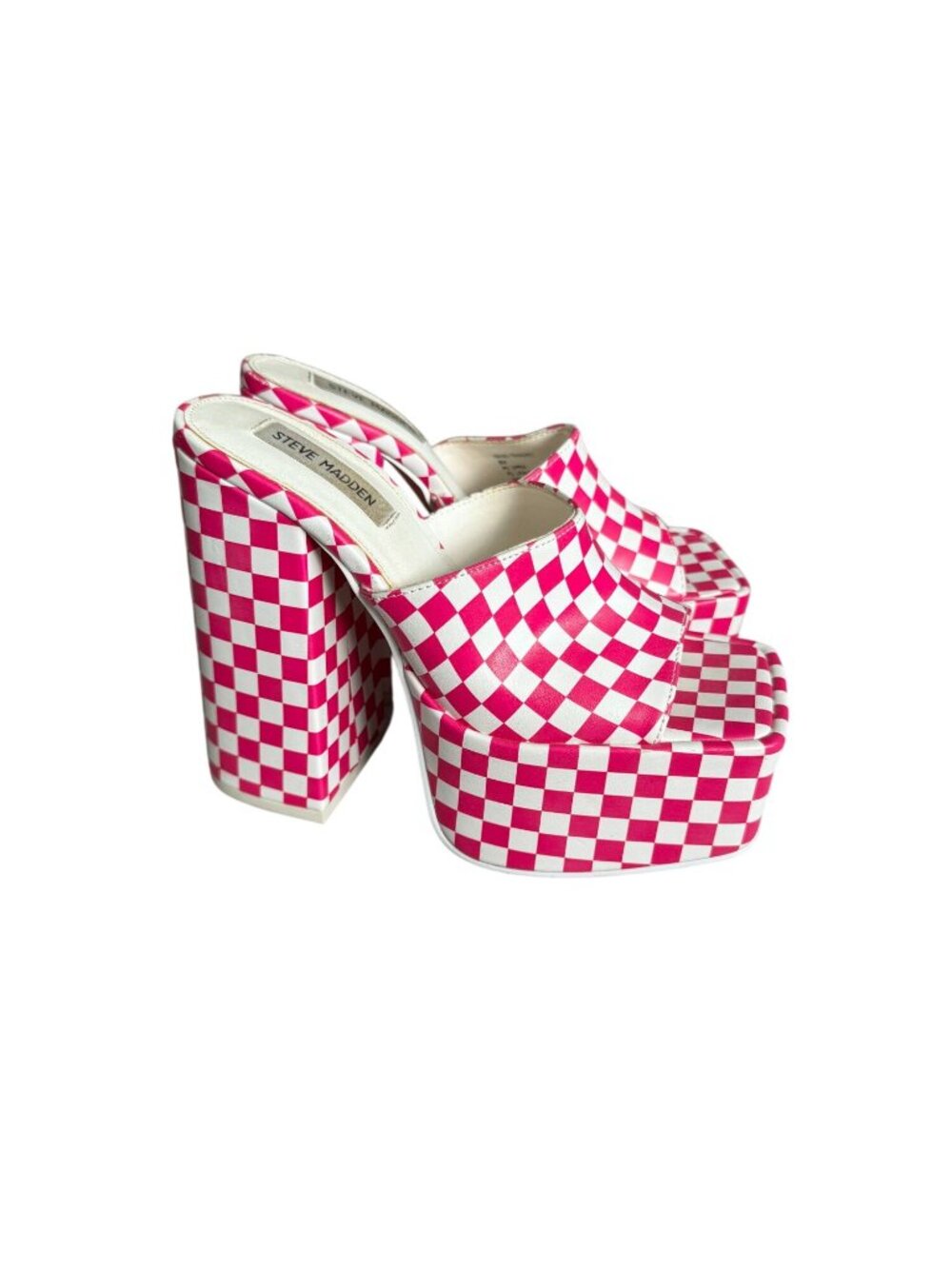 STEVE MADDEN Trixie Checkerboard Pink White Platform Sandals Heels Size 8 - Picture 10 of 11